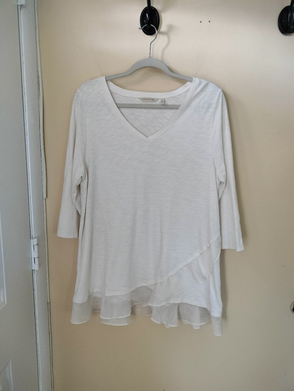 Soft Surroundings Grace Tunic Slub Knit Ivory Chiffon Layered Hem L Vacation